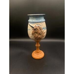 782 -Vintage Unicorn Relief Chalice Goblet Pedestal Wood Stem Fantasy Castlecore